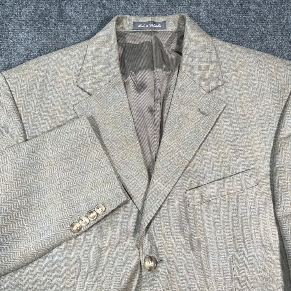 Oscar de la Renta Silk Wool Blazer Mens 40L 3-Button Sport Coat Windowpane Tan